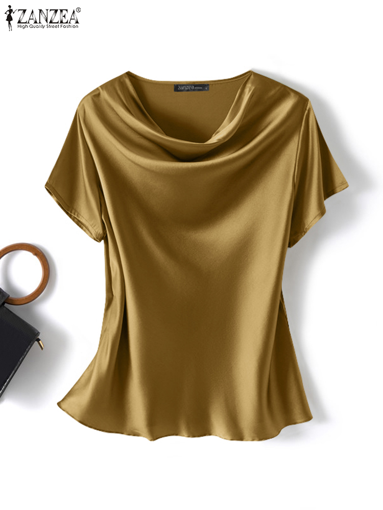 Femmes Blouses d'été ZANZEA 2024 mode Satin hauts à manches courtes Blusas femme col rond décontracté vêtements de maison tunique Chemise surdimensionnée