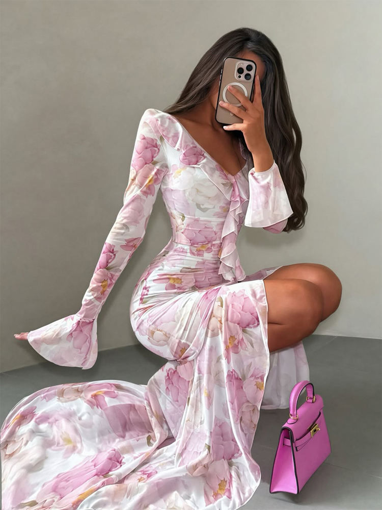 Robe longue pour femme à col en V, imprimé orange, avec ceinture et fente, sexy et chic, à volants, manches courtes, pour soirée, fête ou vacances