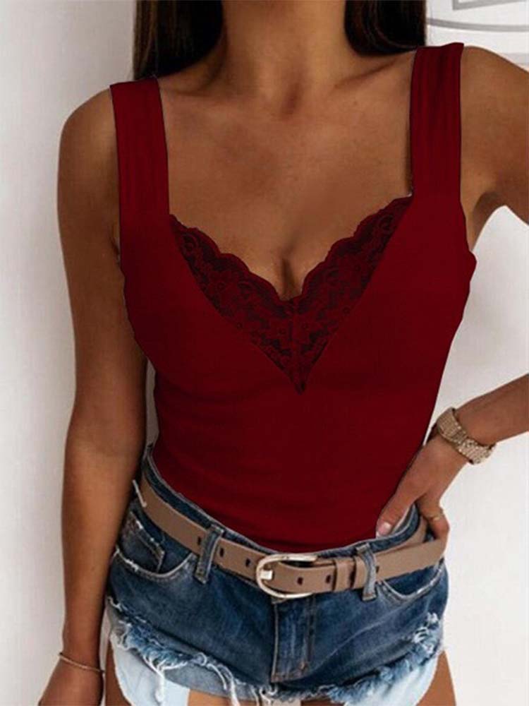 Femmes col en v profond dentelle gilet Sexy T-shirt coupe ajustée haut monochromatique mode été 2024