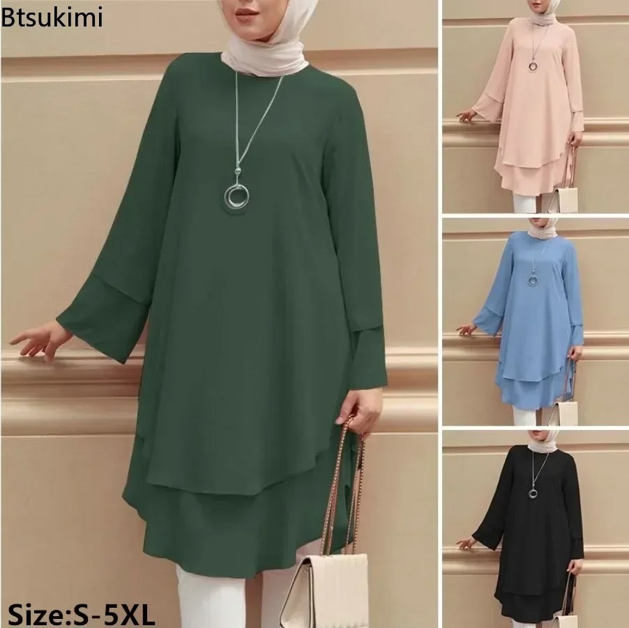 Nouvelles femmes musulmanes Blouse mode deux couches Design élégant femme vacances fête solide chemise hauts turquie longue Robe Abaya Hijab 2026