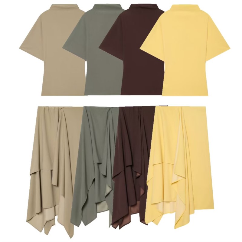 Ensemble jupe et haut HipSeam pour femme, 2 pièces, nouvelle collection automne 2026, haut slim à col montant et jupe asymétrique mi-longue, tenue féminine deux pièces