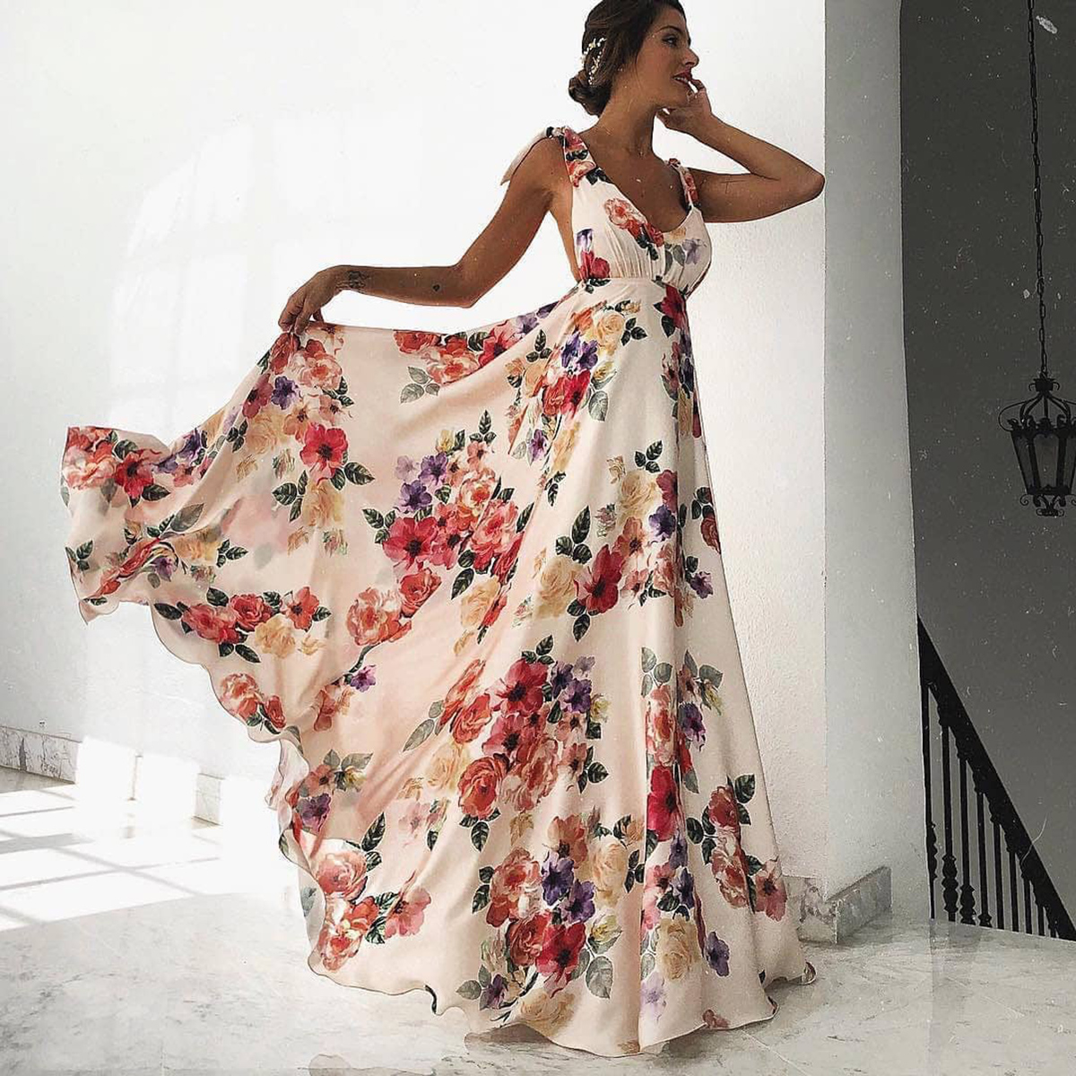 Robe longue style bohème, robe de plage pour les vacances, robe maxi à bretelles, robe imprimée, robe d'été pour femmes