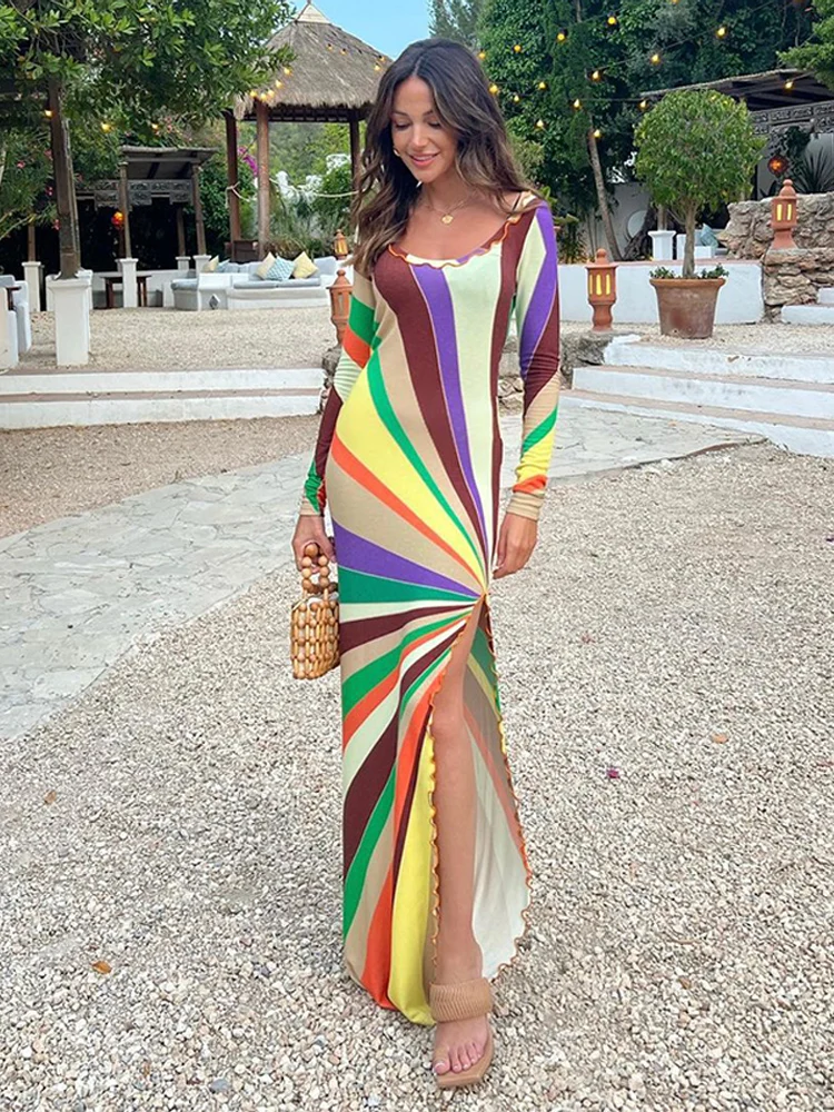 Robe longue moulante imprimée arc-en-ciel pour femme, manches longues, tendance estivale, fente haute, décontractée, pour soirée