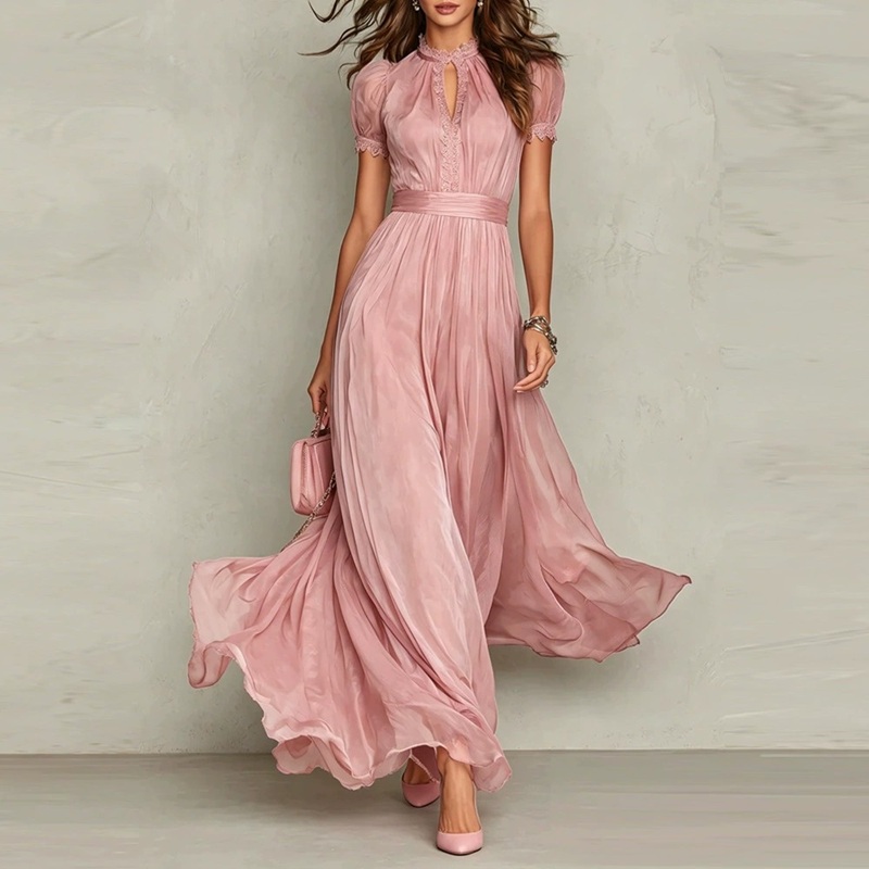 Robe longue plissée vintage en dentelle unie pour femme, col rond, taille haute, manches courtes, fluide, pour soirée, printemps-été