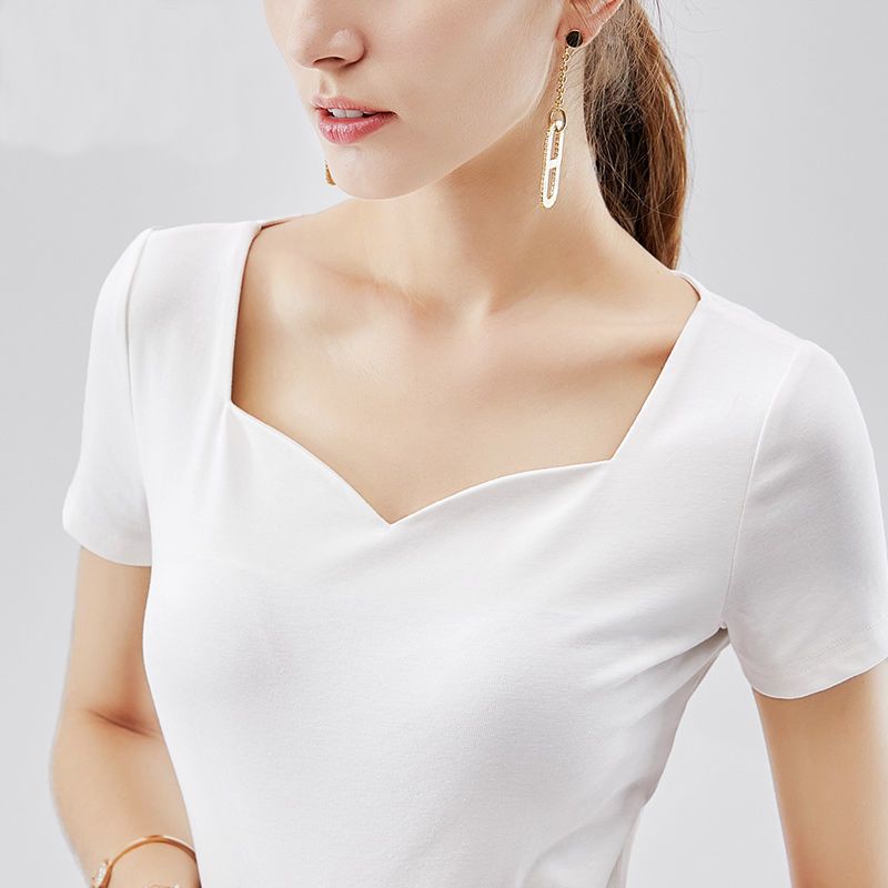 T-shirt à manches courtes pour femme, nouveau style rétro, col carré, coupe ajustée, style étranger, polyvalent, tendance