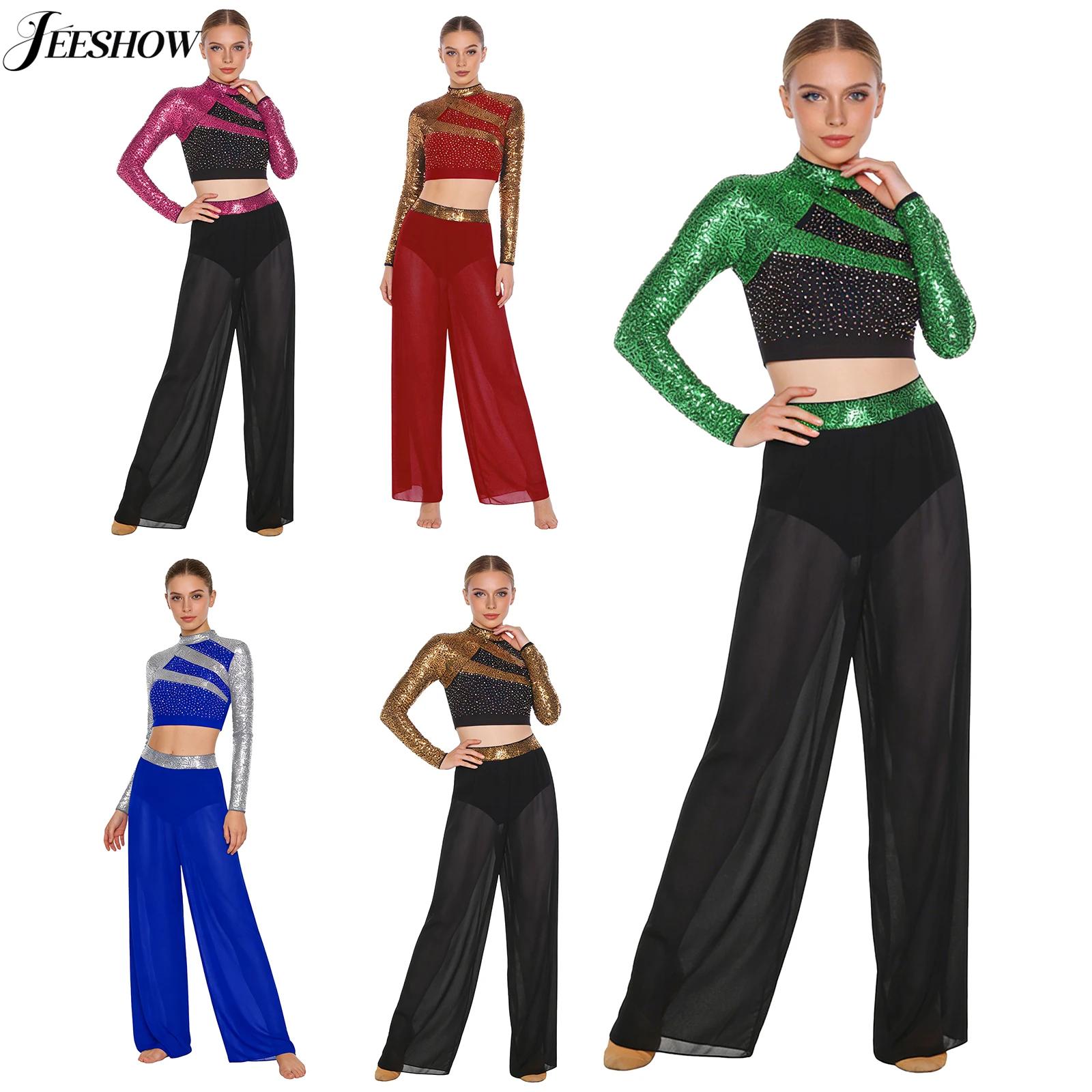 Tenues de danse lyrique 2 pièces pour femmes, costume de danse moderne, haut court à paillettes et strass avec pantalon en tulle à fente latérale, vêtements de danse
