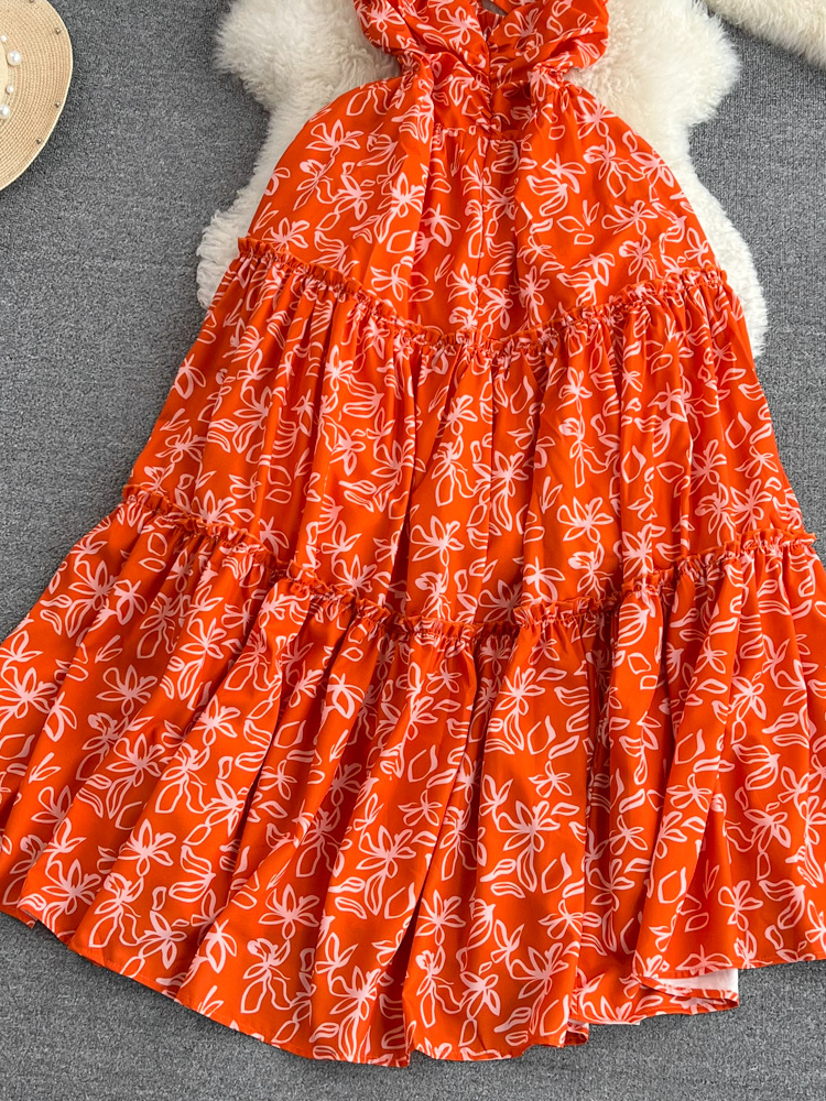Robe Longue de Plage pour Femme, Tenue de Soirée Sexy, Col en V, Dos aux, Imprimé Floral, Orange, Style Boho