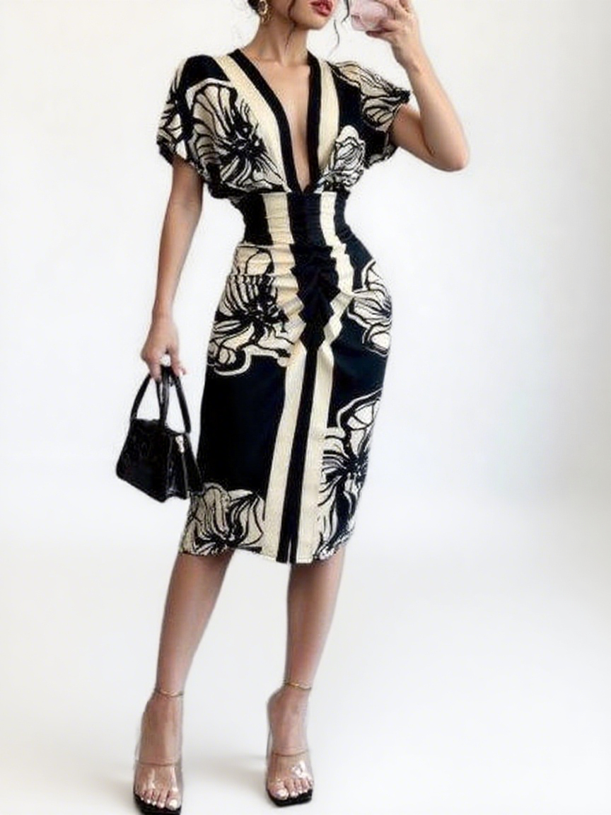 Robe florale élégante pour femmes, manches flottantes en V profond, longueur Midi, idéale pour les Occasions spéciales, dattes de dîner, Looks avant-gardistes