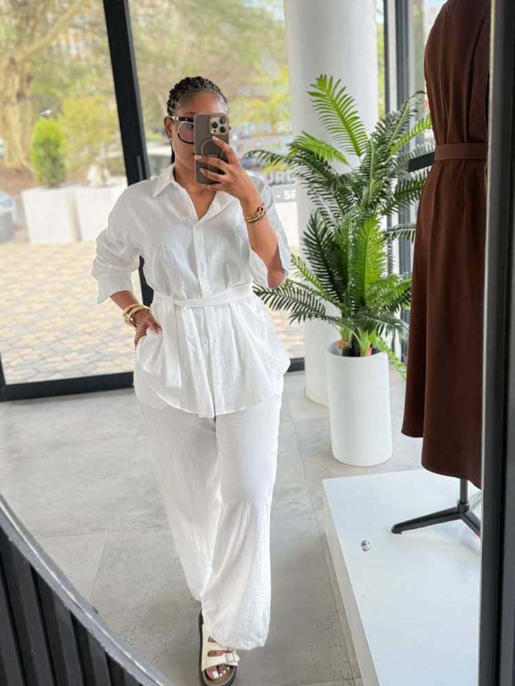 Vêtements pour femmes printemps-été, ensembles deux pièces, chemise blanche à manches longues amincissante et pantalon décontracté