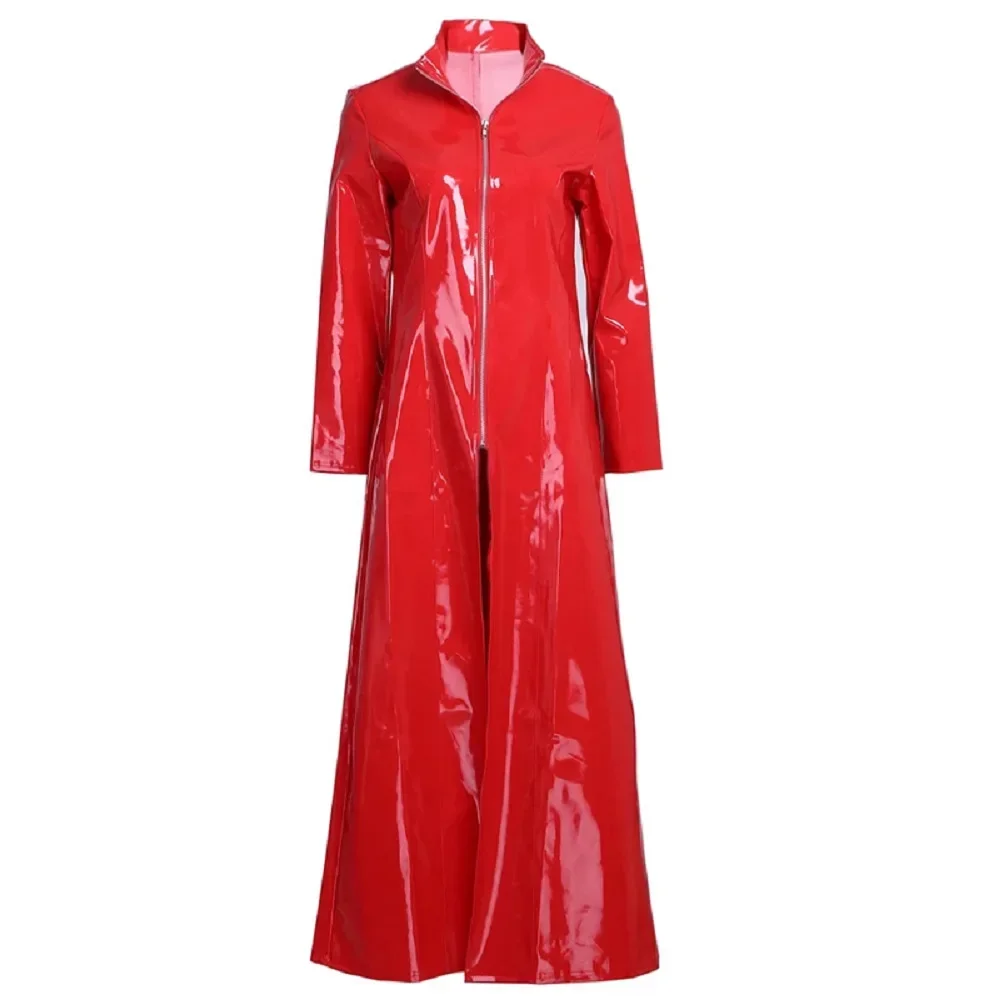Robe longue en cuir brillant miroir PU pour femmes, coupe-vent, longue robe en cuir