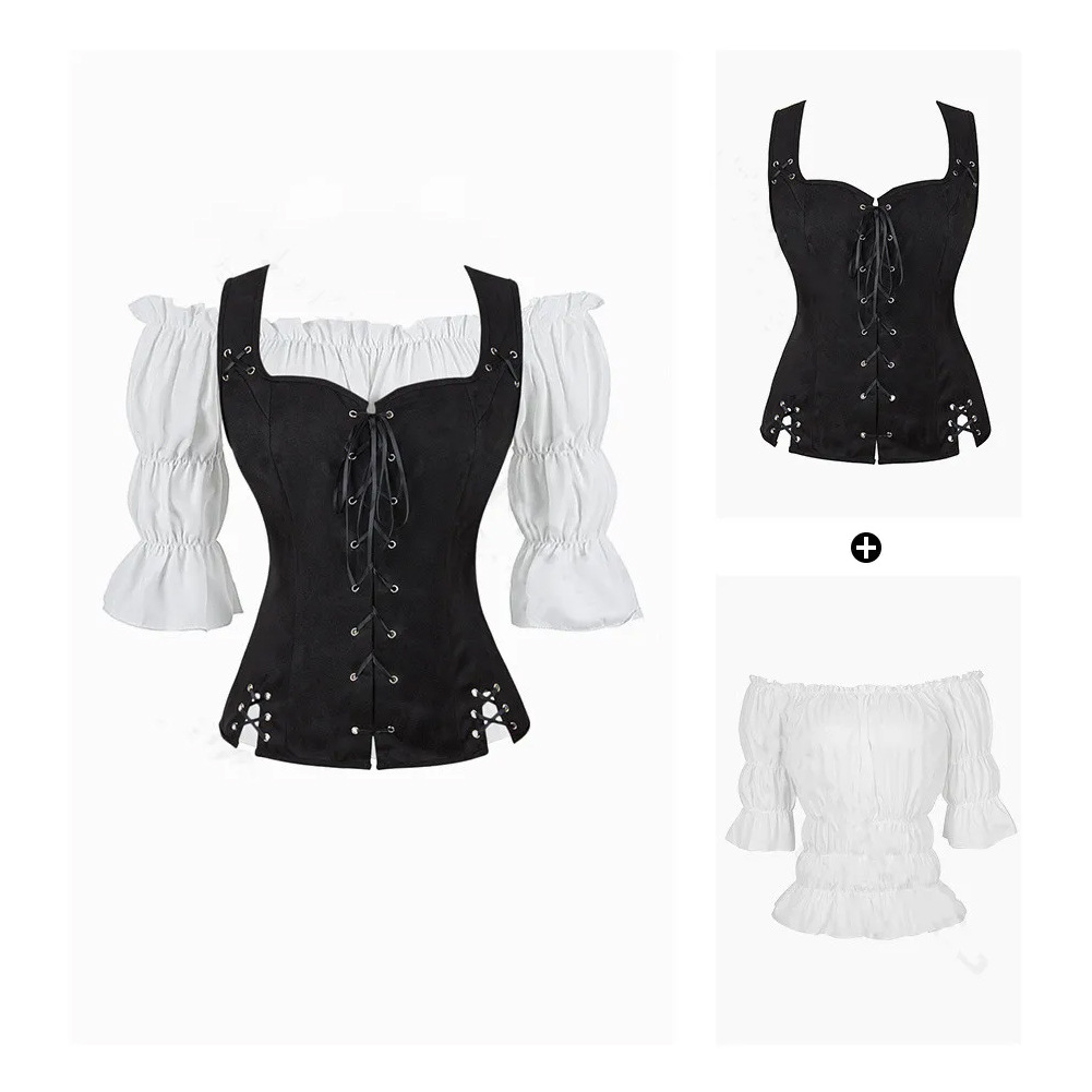 Costume de Pirate pour femmes, gilet médiéval, Cosplay, grande taille, chemisier médiéval, hauts, ensemble 2 pièces, gilet Renaissance, marron, noir, bleu, rouge