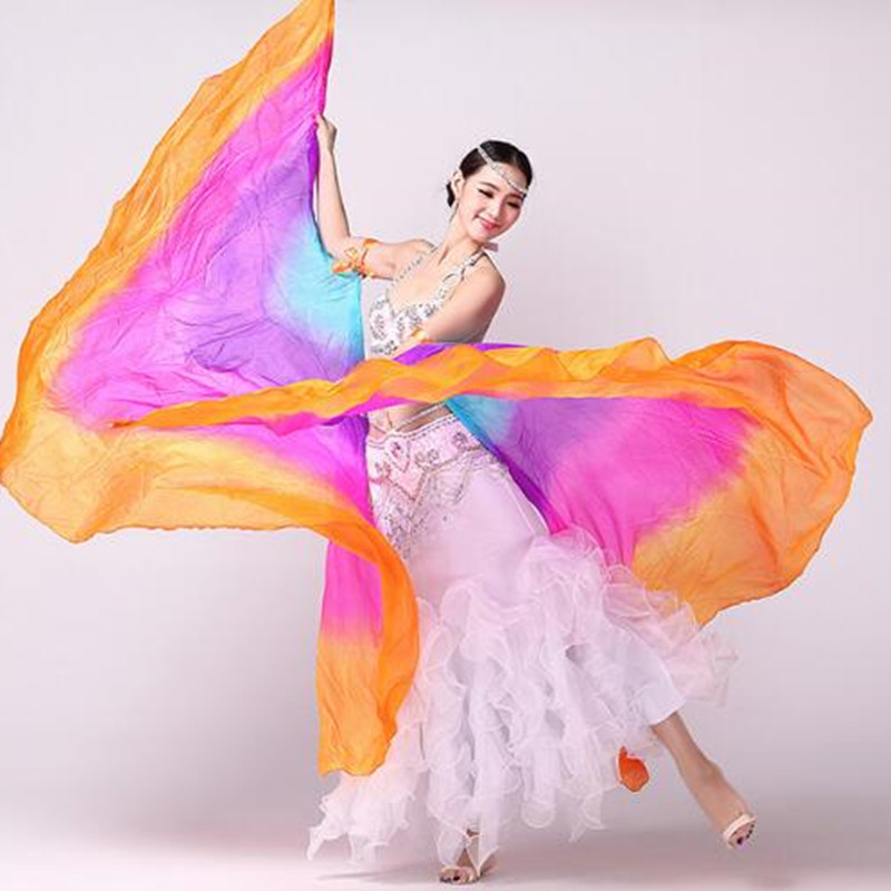 Voile de danse orientale 100% soie, paire d'ailes Isis avec bâton, accessoires de spectacle sur scène, teinture par nouage, photographie demi-cercle