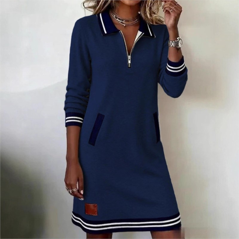 Robe polyvalente à la mode pour femmes, décontractée, couleur contrastée, épissure, revers, manches longues, ample, avec poches, automne hiver