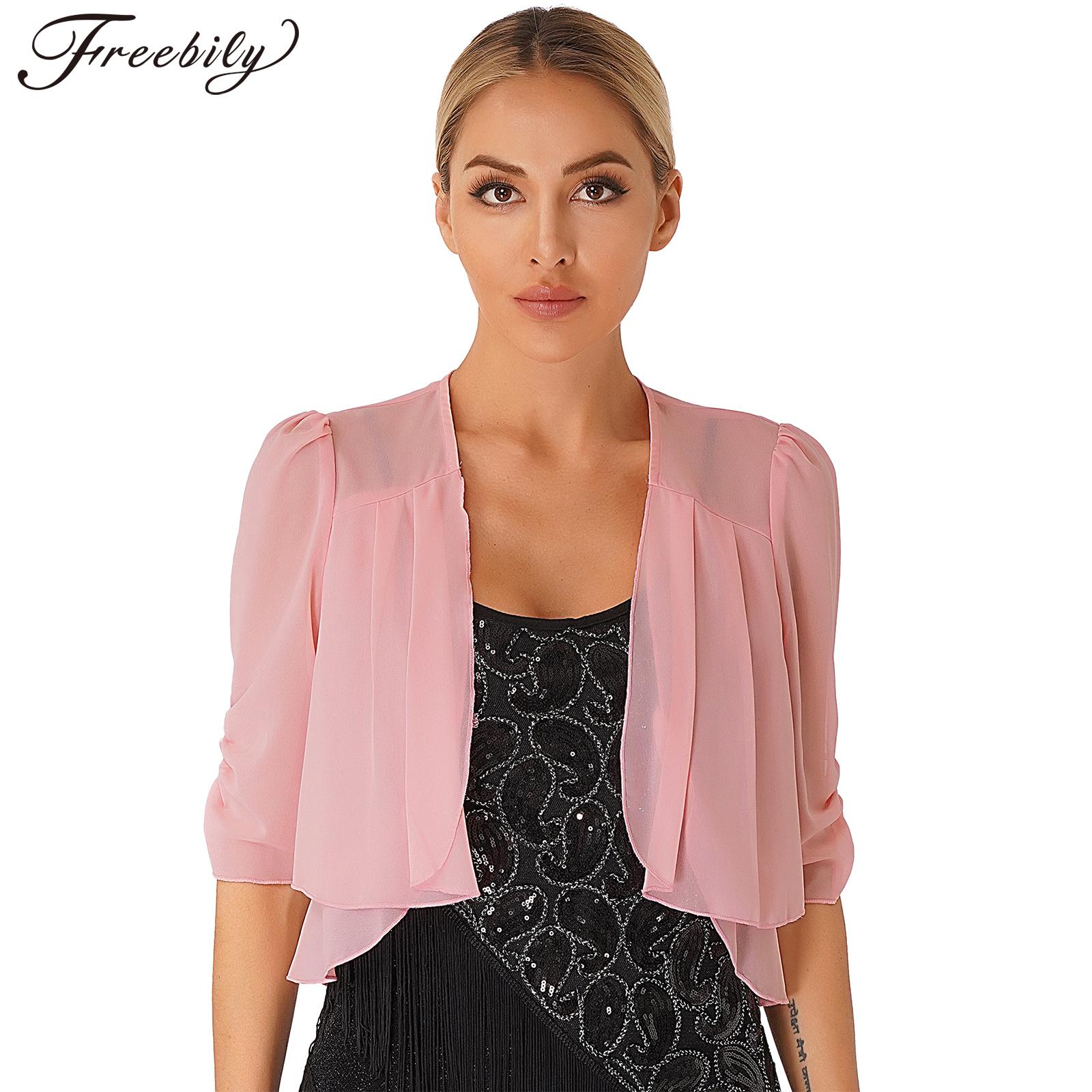 Élégant cardigan court en mousseline de soie à volants pour femmes, manches mi-longues, double couche, robe de soirée, châle de mariage