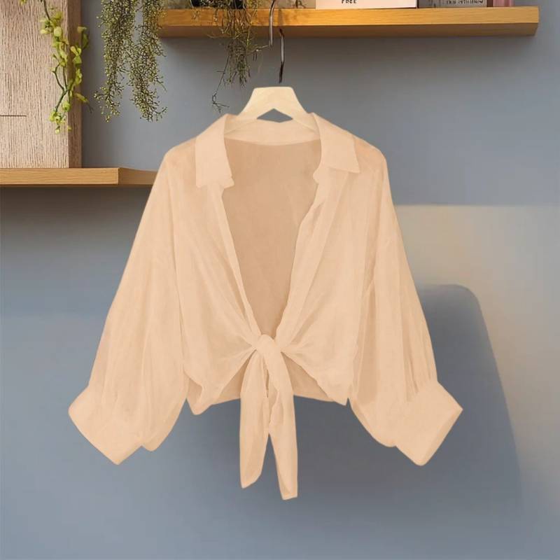 Nouveau chemisier femme |   Léger et transparent, revers avec cravate, couleur unie, manches longues, chemise d'extérieur pour protection solaire