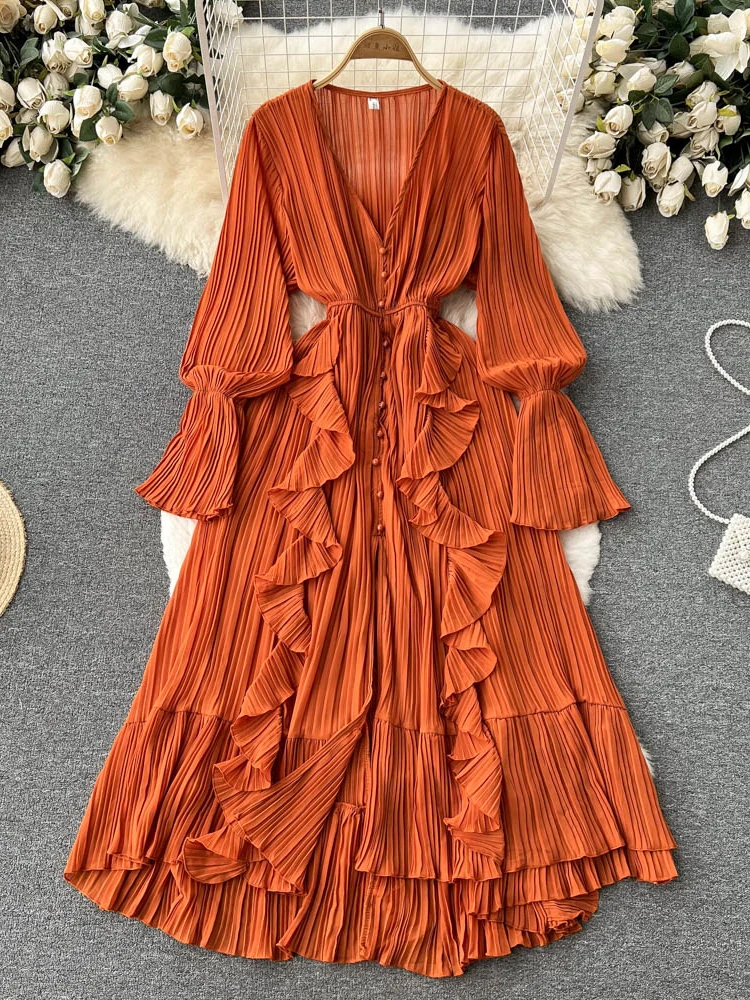 Robe longue plissée en mousseline de soie pour femme, col en V, dentelle, simple boutonnage, robe trapèze, vintage, élégante, plage, cuir chevelu