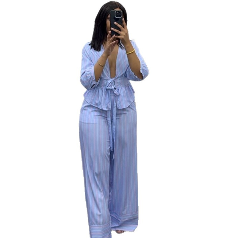 Ensemble deux pièces pour femmes, col en V, chemise à manches longues, hauts rayés, jambes larges, pantalons longs à lacets, taille haute, Streetwear Y2k, travail