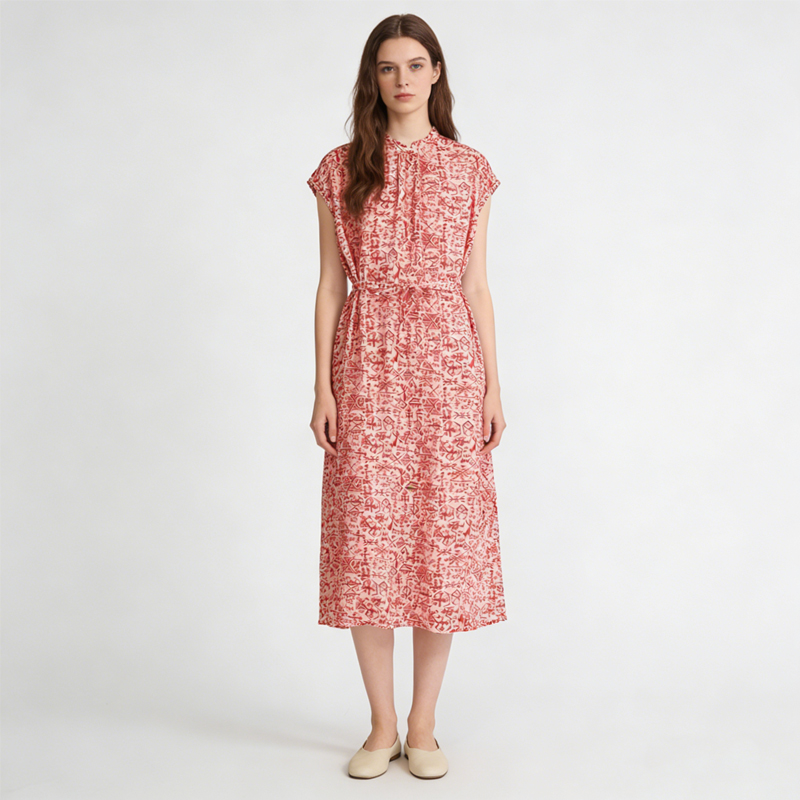 Nouvelle Robe Imprimée à Manches Courtes et Col Montant en Crêpe de Chine 100% Soie de Mûrier Naturelle pour Femme – Collection Été 2026