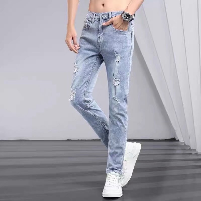 Jeans Homme Printemps-Été Déchirés Extensibles Coupe Slim Droite Affinée Décontractés Effet Vieilli Délavé Bleu Légers Doux Durables
