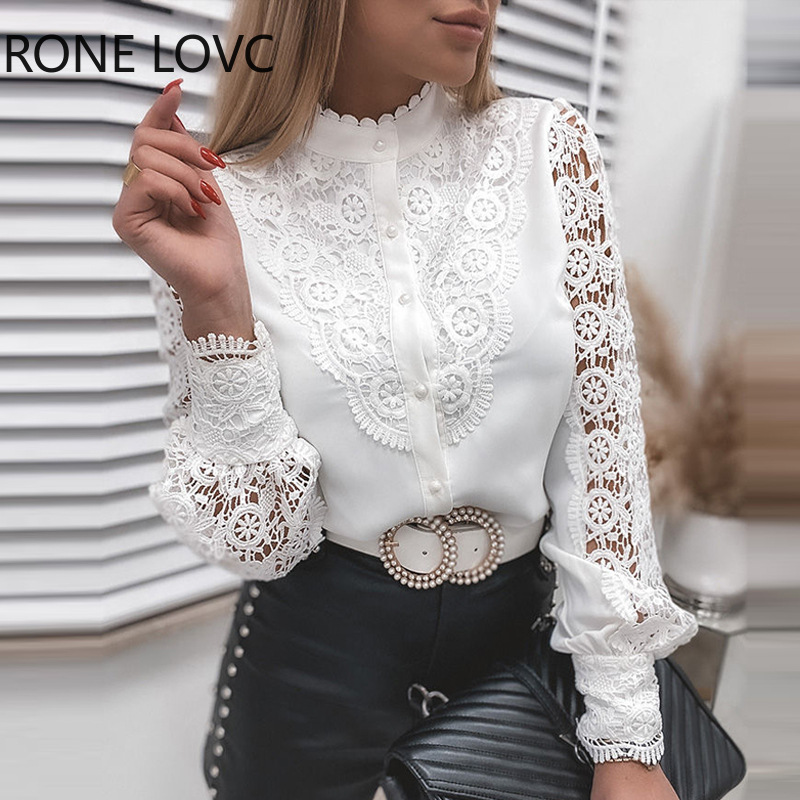 Chemisier en dentelle à col blanc pour femmes, chemises élégantes pour dames de bureau, patchwork, évider, boutonné, mode, nouveau, 2024