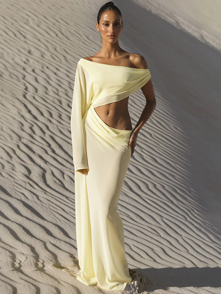 Robe longue maxi Sibybo sexy en mousseline transparente à col asymétrique pour femme, unie, ajourée, drapée, moulante, élégante pour soirée et fête