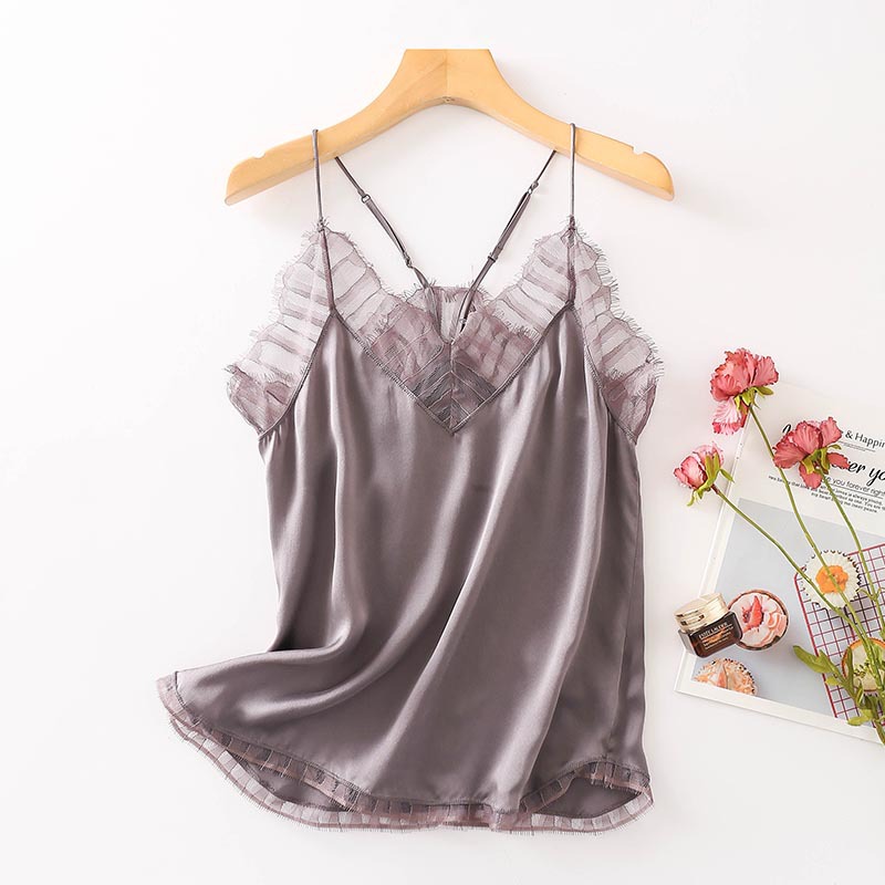 Cils dentelle soie Camisole Sexy dos dame petite fronde haute luxe brillant mûrier soie bas gilet Sexy soie Camisole