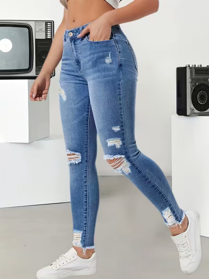 Jeans et pantalons pour femmes, taille haute, déchirés, extensibles, coupe slim, longueur cheville, style européen tendance, confortables