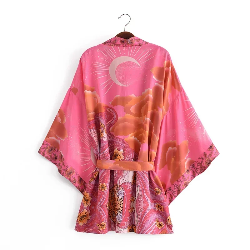 Boho Dinner ens-Robe Kimono pour Femme, Imprimé Floral, Manches Chauve-Souris, Plage, Bohème, Col en V, Rayonne, Coton, Robe Courte