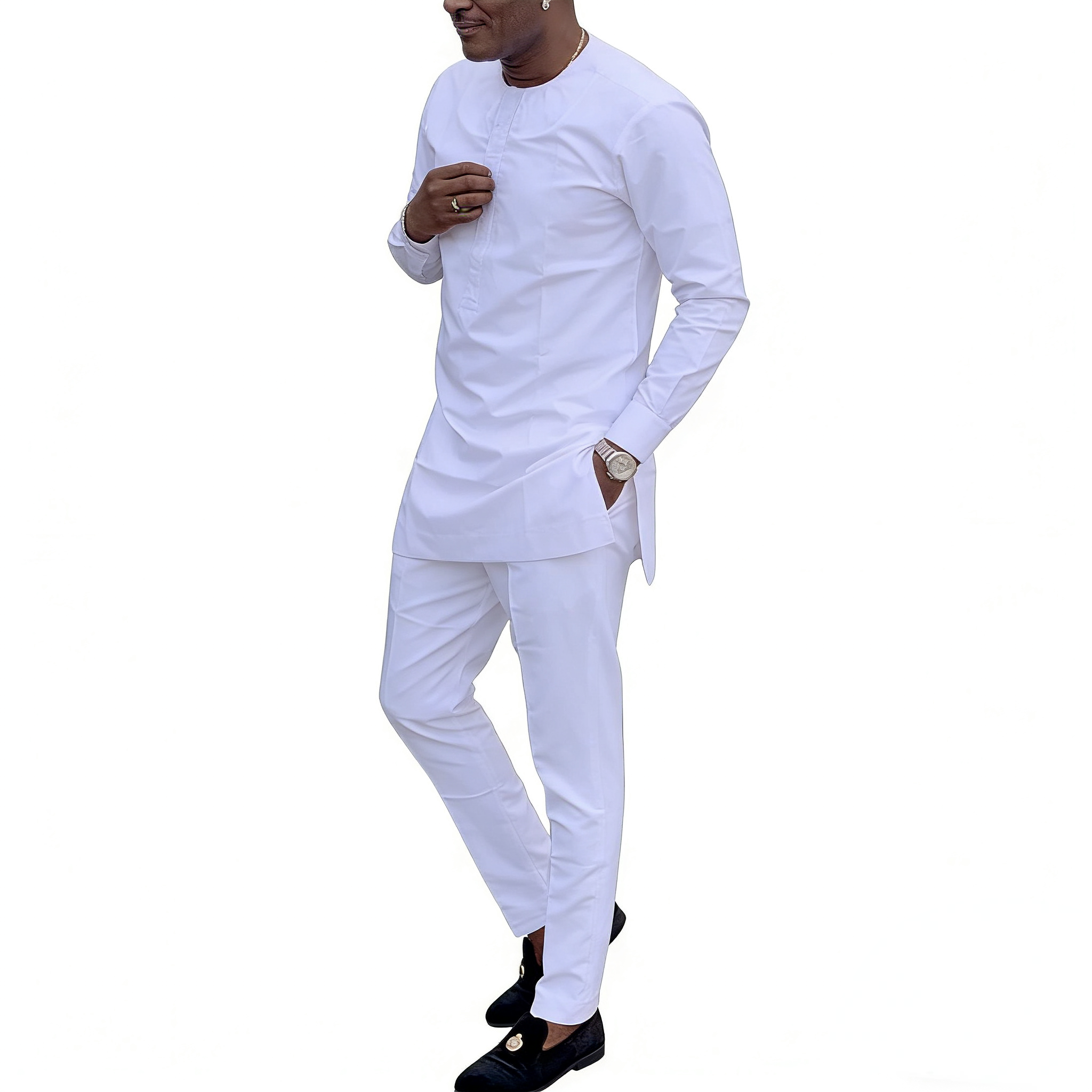 Ensembles pour hommes, hauts et pantalons à manches longues, blanc uni, Design Original, costumes sur mesure, Couture africaine, vêtements de fête