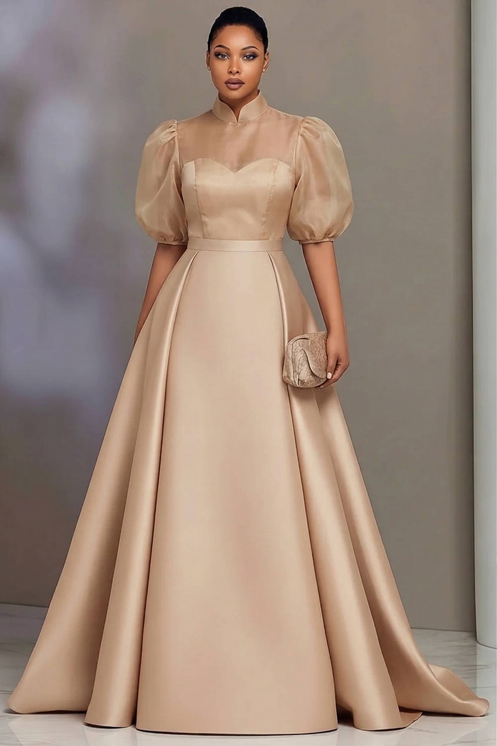 Robe de soirée élégante en satin champagne grande taille, manches bouffantes, coupe trapèze, longue, pour femme, idéale pour les mariages et les soirées formelles
