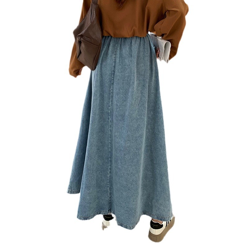 Jupe longue évasée en jean délavé style rétro pour femme, taille élastique, printemps-automne