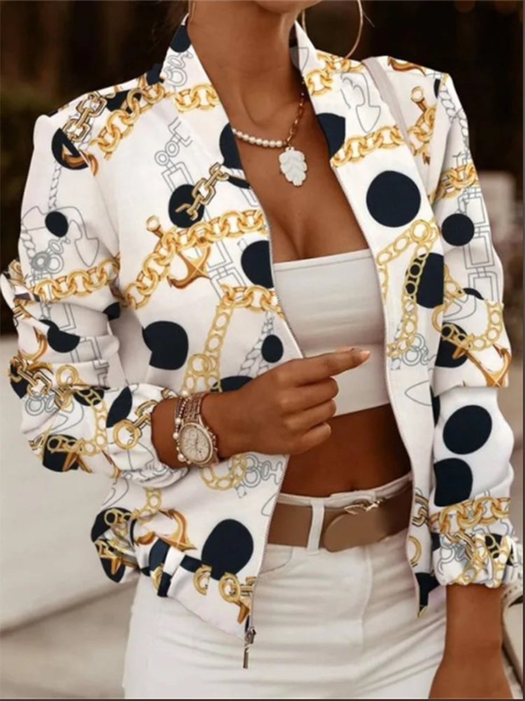 Manteau imprimé à manches longues pour femmes, veste courte à fermeture éclair, haut décontracté blanc, mode printemps et automne