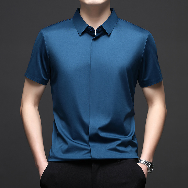 Chemise à manches courtes en soie pour hommes, Business décontracté, extensible, couleur Pure, affaires commerciales, haut décontracté