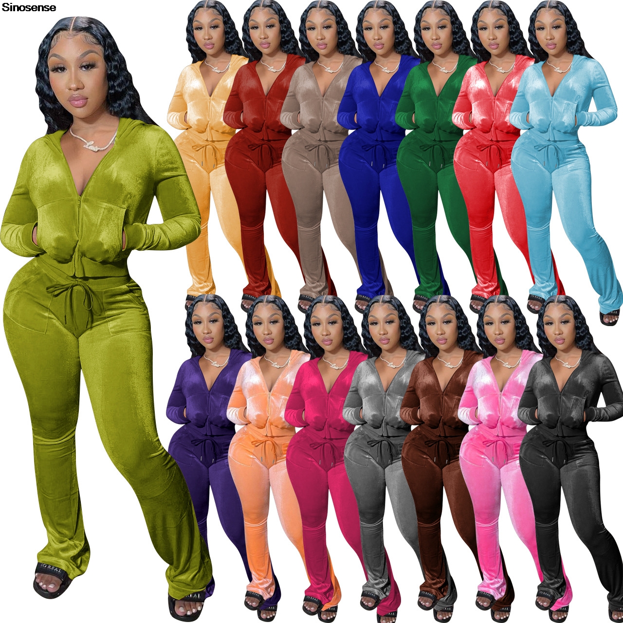 Femmes automne deux pièces tenues 2 pièces velours survêtement velours survêtements fermeture éclair à capuche veste moulante pantalon évasé ensembles de survêtement