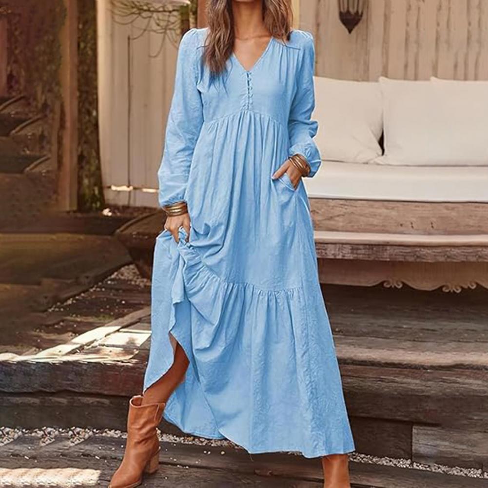 Robe longue plissée pour femmes, manches longues bouffantes, col en v, à volants, avec poches, couleur unie, style Boho, plage