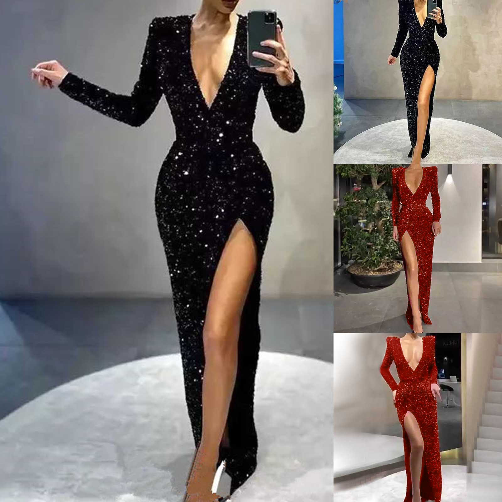 Robe de Soirée Élégante pour Femme, Tenue Sexy, Col en V Profond, Manches sulf, Brodée, Paillettes, Formelle, Taille Haute, Fendue, Bal