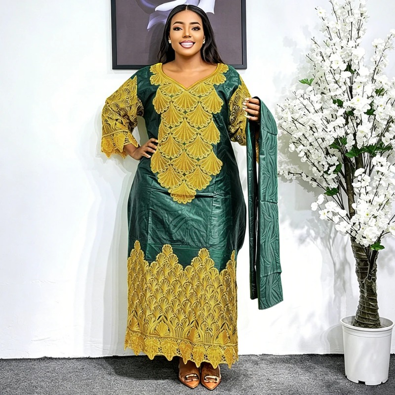 Robes longues de soirée africaines grande taille pour femmes 2026 – Nouvelle robe de luxe brodée Bazin élégante pour mariage musulman turc