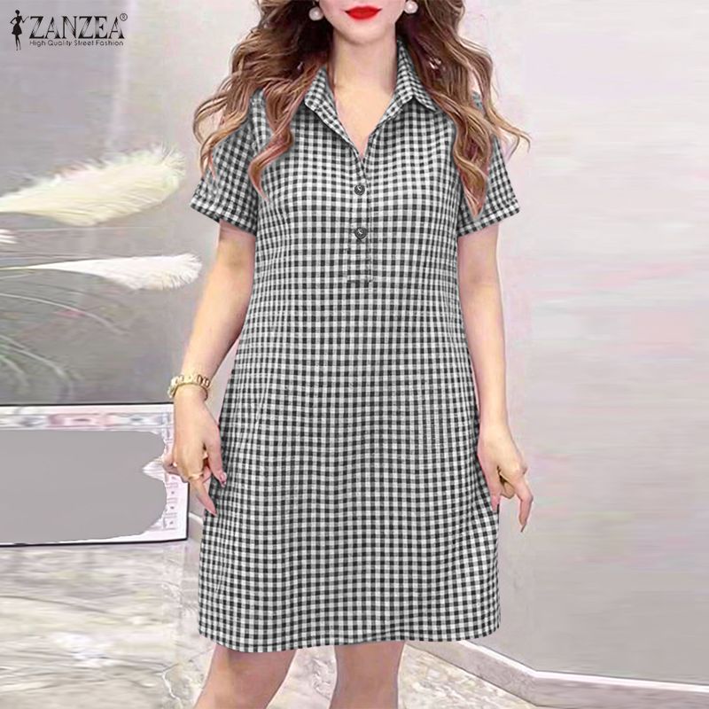 Robe minimaliste à carreaux pour femmes, col rabattu, manches courtes, demi-boutons, longueur aux genoux, robe chemise décontractée ZANZEA