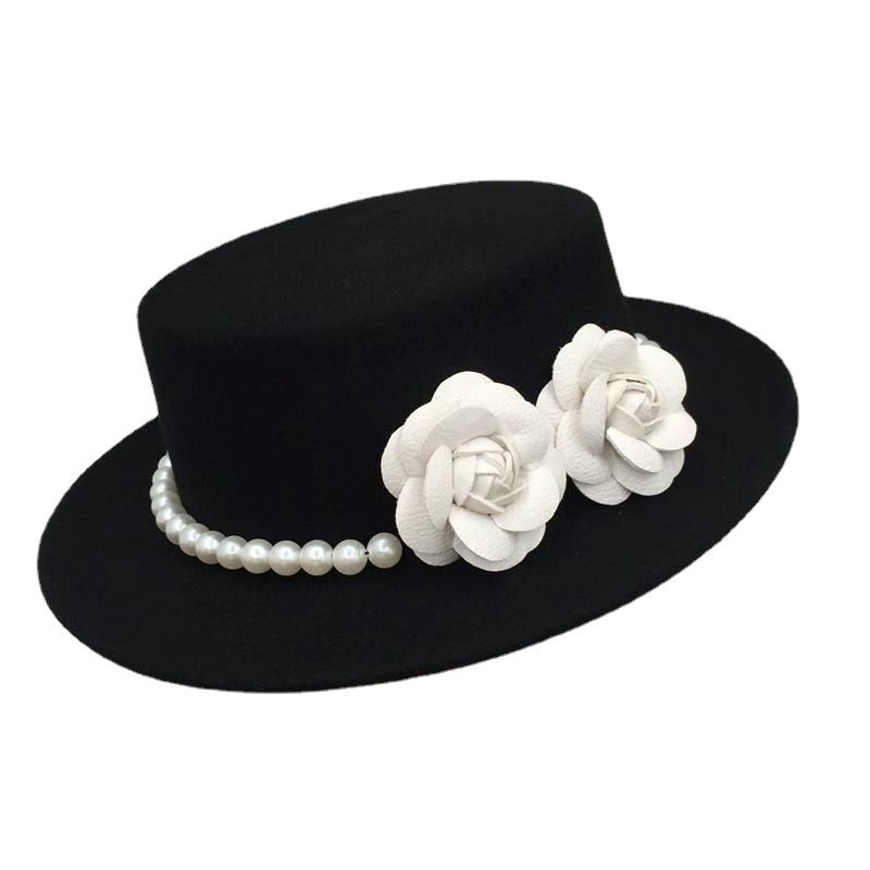 Chapeau haut de forme français à grand bord pour femme, style rétro élégant, Fedora plat, perle florale britannique, chapeau à large bord, photographie, noir
