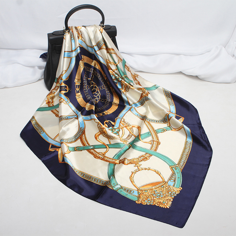 Foulard en Soie Imprimé 90x90cm, Grand Carré en Satin, Châle de Luxe pour Femme, Marque de Créateur, Hijab, Bandeau