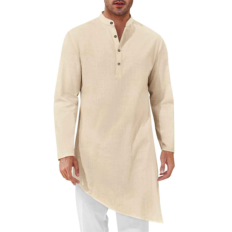 Chemises à manches longues pour hommes musulmans, col mandarin, ourlet irrégulier, couleur unie, vêtements décontractés de style Dubaï, abaya islamique, vêtements ethniques, tailles S-3XL