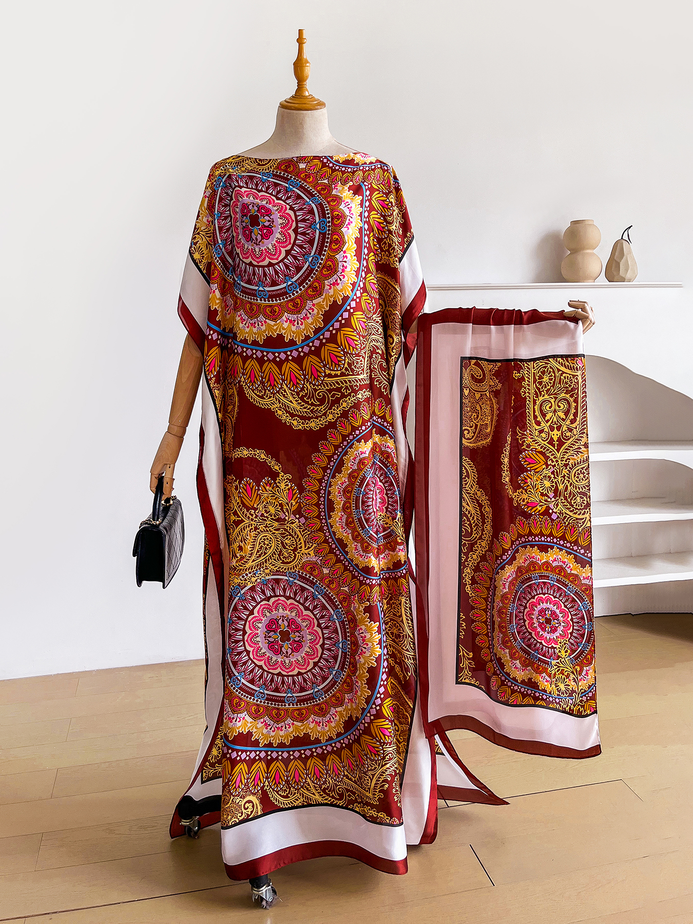 Abaya Dubai à imprimé mandala paisley avec foulard assorti, col bateau, manches chauve-souris, kaftan maxi ample pour femmes musulmanes africaines