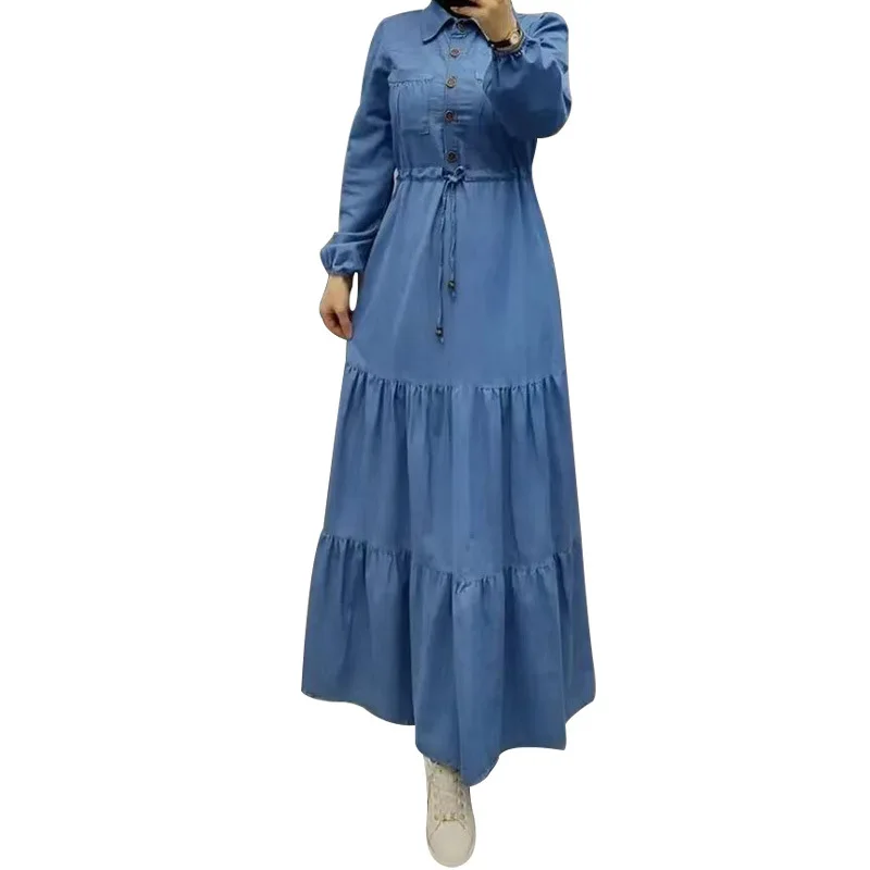 Robe Élégante en Denim à Simple Boutonnage pour Femme, Caftan Musulman à Col Rabattu, Dubaï, Turquie