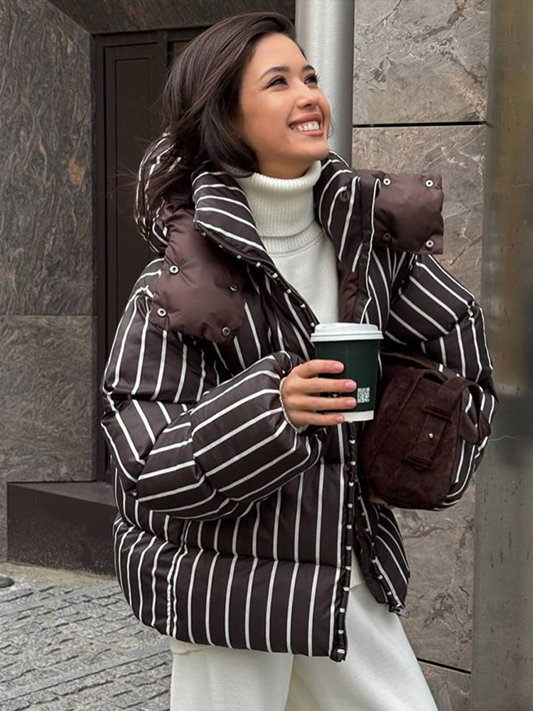 Veste en coton à capuche rayée pour femme, col montant, manches longues, fermeture éclair, poche, chaud, manteaux de rue quotidiens, hiver
