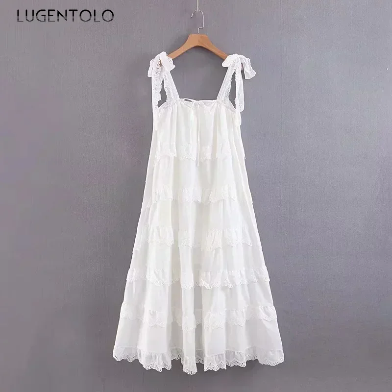 Robe longue femmes bohème gâteau couche grande balançoire solide sans manches volants Spaghetti sangle bretelles femmes robes Lugentolo