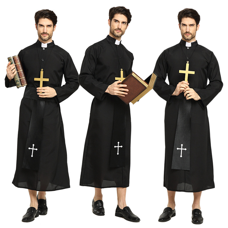 Umorden adulte noir Noble prêtre Costume hommes religieux pasteur père Costumes Halloween pourim fête Mardi Gras déguisement