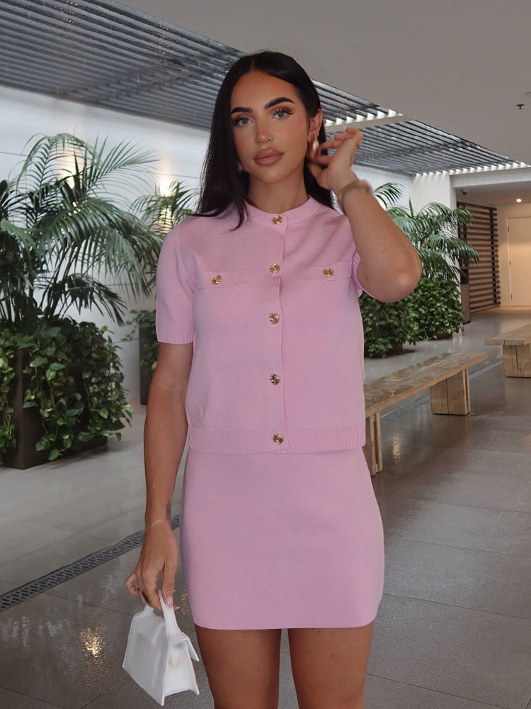 HH – costume tricoté à la mode pour femmes, col rond, simple boutonnage avec poche, haut à manches courtes + taille élastique, ensemble Mini jupe solide