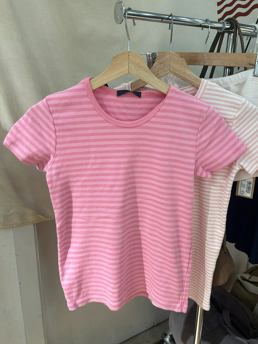 Économie rayés à manches courtes pour femmes, t-shirts minces pour femmes, col rond, style preppy, doux et mignon, t-shirt tout match, coton, printemps, Y2K