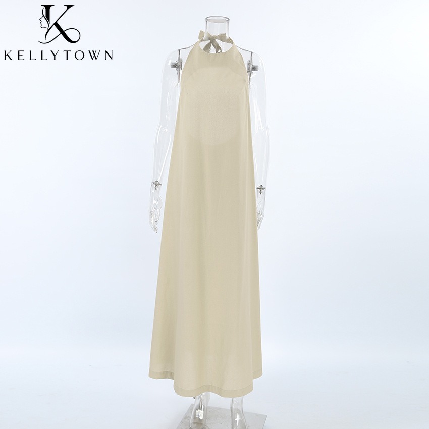 Robe longue d'été en coton et lin kaki pour femme, style français décontracté, dos nu, coupe trapèze ample, sans manches