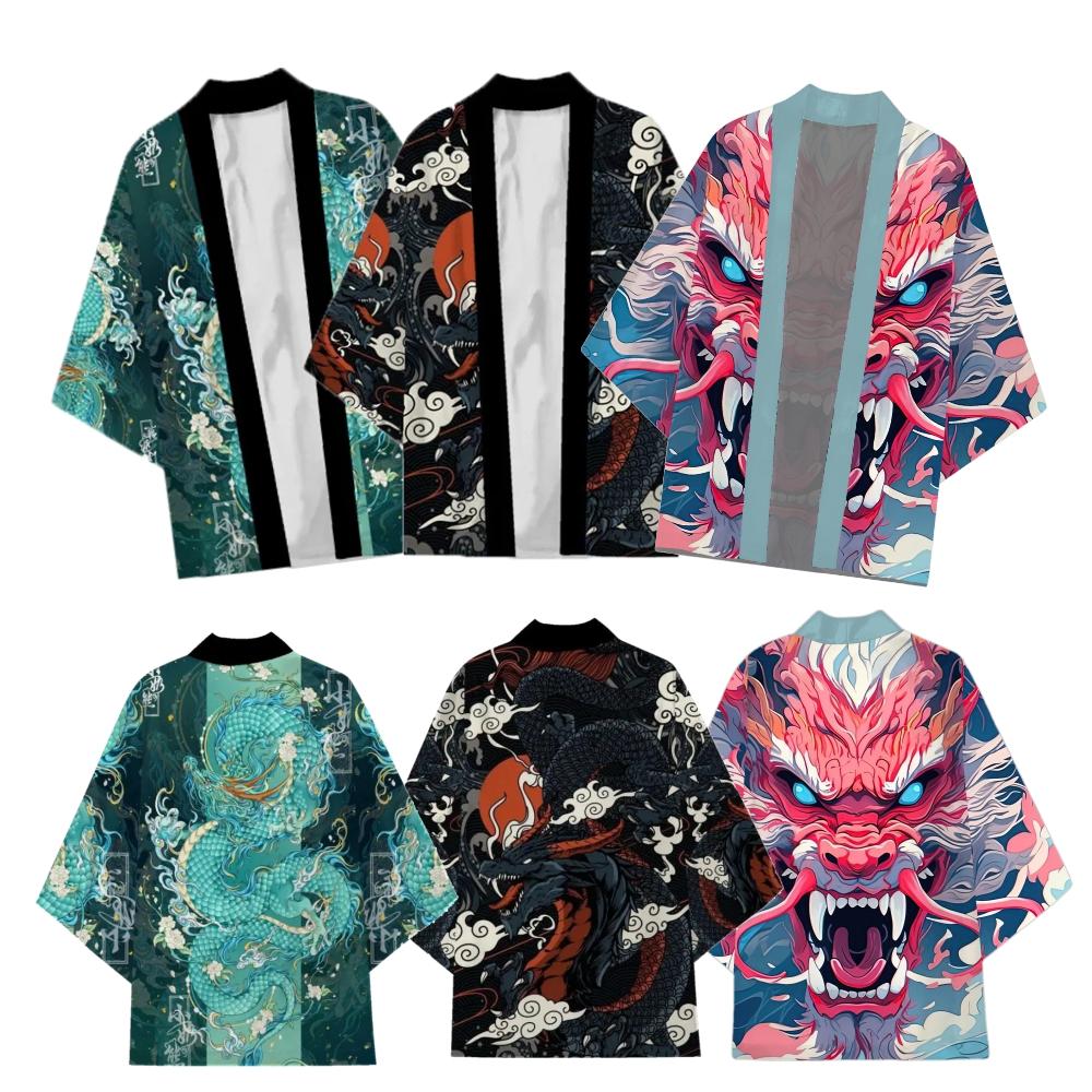 Kimono traditionnel japonais pour hommes et femmes, motif de dragon d'anime, vert, ample, chemise à manches trois-quarts